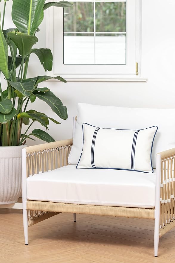 Hofdeco Premium Coastal Hampton Style Patio Indoor Outdoor Lumbar Pillow Cover Only, 12"x20" Water Resistant for Backyard, Couch, Navy Blue Embroidered Vertical Line