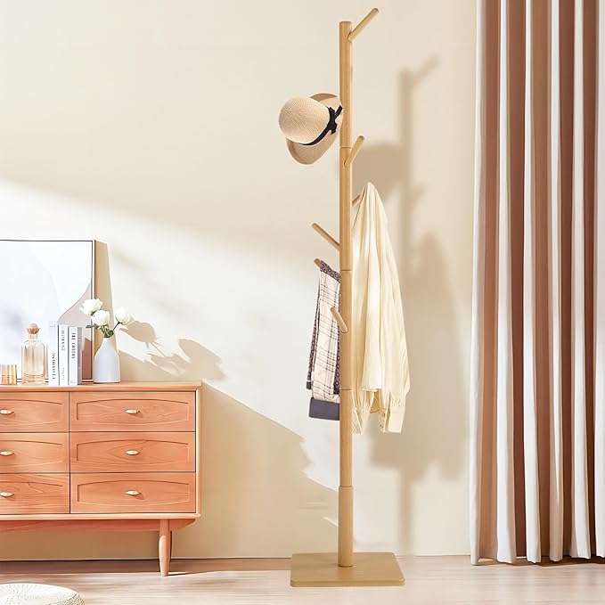 Coat Rack Freestanding with Stable Square Base for Cloathes, Hat, Used in Bedroom, Office and Entryway, Sturdy and Easy Assembly Coat Tree with 3 Adjustable Sizes and 8 Hooks, Natural