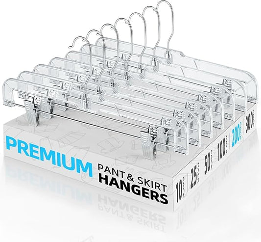 HOUSE DAY Clear Pants Hangers with Clips 200 Pack, Non-Slip Plastic Skirt Hanger with Adjustable Clips, Slim Clip Hangers for Pants, Skirts, Shorts, 14" Clear Hanger, 360-Rotating Swivel Hook