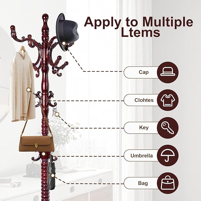 Solid Wood Coat Rack – 73" Freestanding Coat Racks Stand with 14 Hooks & Stable Base, Adjustable Height Modern Wooden Hall Tree for Entryway, Bedroom, Office, Home (Mahogany Triangle)