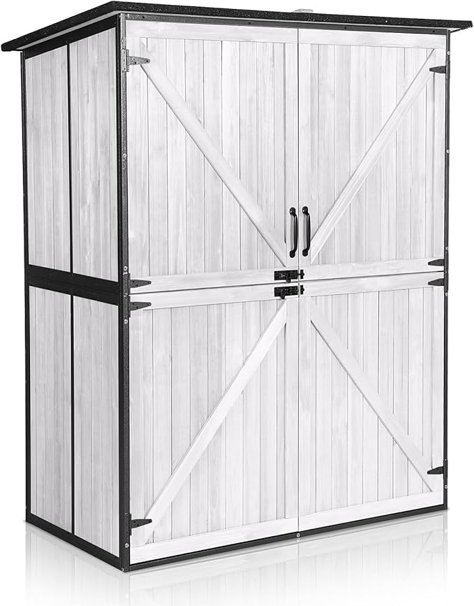 Outdoor Storage Shed with Floor - Waterproof Natural Fir Cabinet with Adjustable Shelves and Double Lock for Anti-Theft - Suitable for Storing Garden Tools and Household Debris (White)