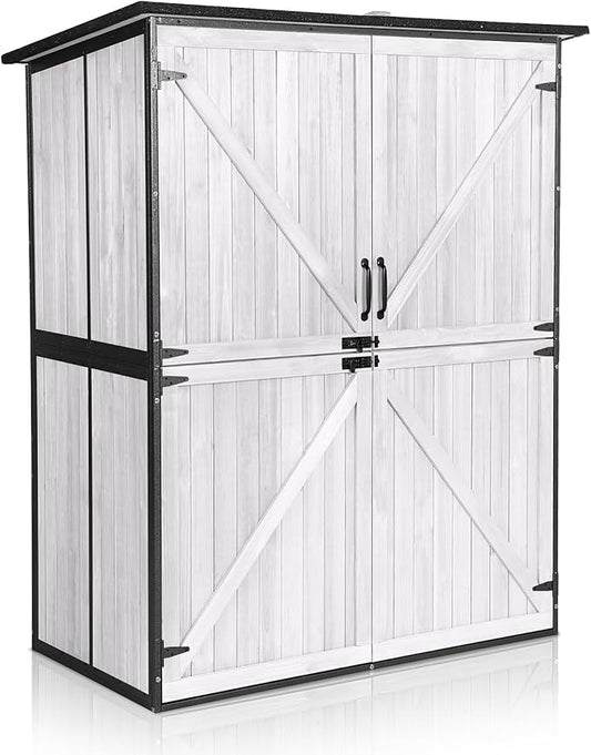 Outdoor Storage Shed with Floor - Waterproof Natural Fir Cabinet with Adjustable Shelves and Double Lock for Anti-Theft - Suitable for Storing Garden Tools and Household Debris (White)