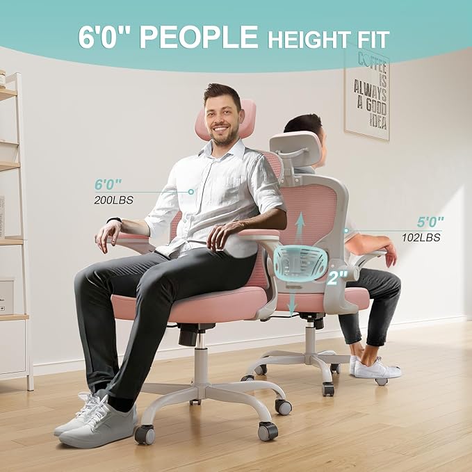 Office Chair Ergonomic Desk Chair, 330LBS Capacity, High Back Computer Chair for Long Hours Comfortable, Rolling Swivel Executive Task Chair for Home Office with Flip-up Armrests(Grey Pink)