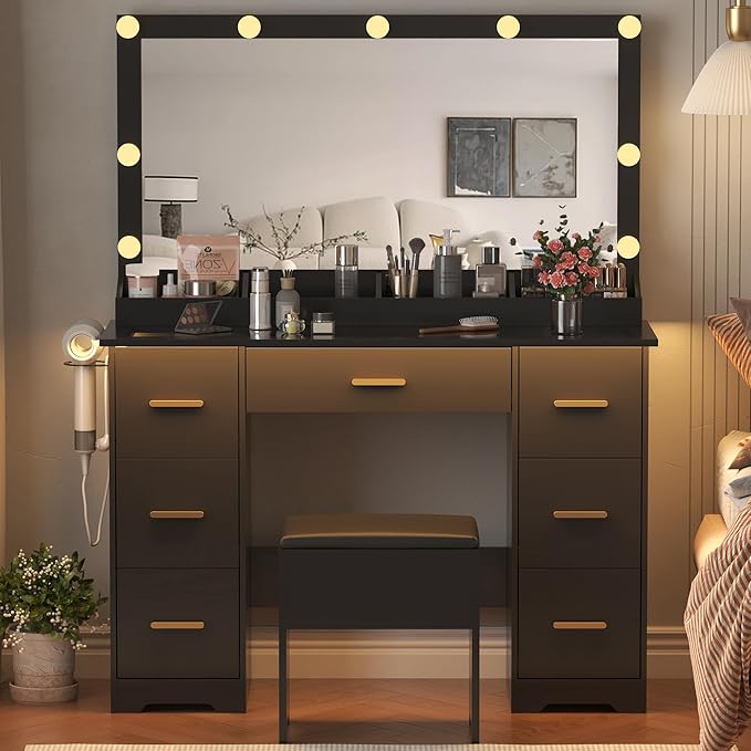 Makeup Vanity Desk with Large Lighted Mirror and Lights, Glass Top Vanity Table Set with 7 Drawers, Power Outlet & Storage Stool, Dressing Table with RGB Ambient Light for Women Girls Bedroom, Black