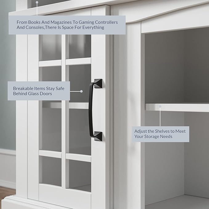 BELLEZE 58 Inch TV Stand, Rustic Wood Entertainment Center for TVs up to 65", Contemporary Media Console Table with Two Open Shelves and Glass Door Cabinets - Astorga (White)