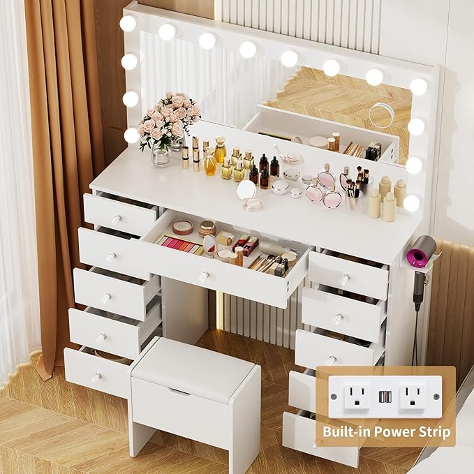 VOWNER Vanity with Lighted Mirror - Makeup Vanity Desk with 11 Drawers and Outlet, 3 Color Lighting Modes Adjustable Brightness, 46" Vanity Table with Soft Cushioned Stool for Bedroom, White