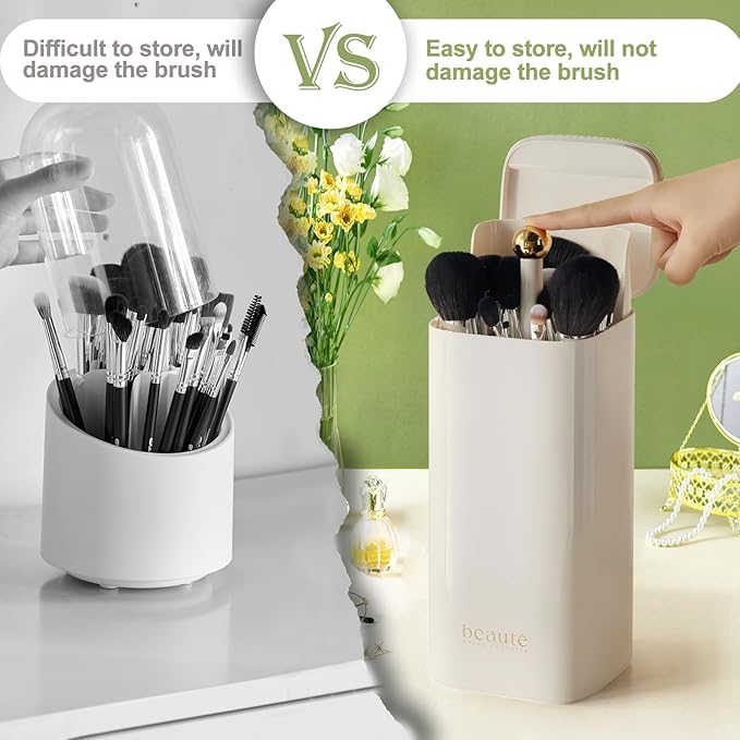 DASITON Makeup Brush Holder with Lid,4 Slots Makeup Brush Organizer,Automatic Lifting Makeup Cosmetics Organizer,for Vanity Decor,Bathroom Countertop,Dustproof Cosmetic Brushes Container(White)