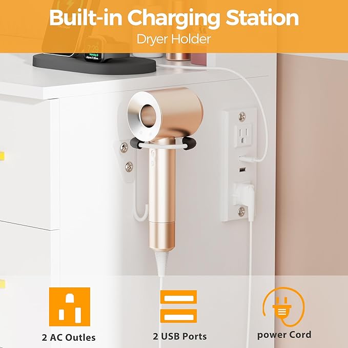 ANWBROAD Large Vanity Desk with Mirror and Lights 43" Makeup Vanity Desk with Lights 3 Colors 9 Drawers Power Outlet 6 Storage Shelves 5 Hooks White Dressing Table with Stool for Bedroom Girls UBDT87W