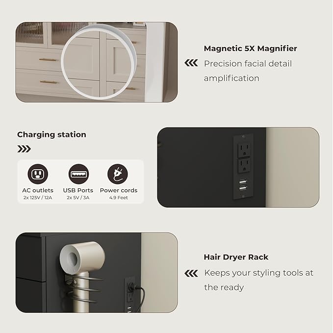 39" Vanity Desk with Mirror and Lights, 5 Drawers Makeup Vanity Desk with Tempered Glass top, 3 Lighting Modes Adjustable Brightness, Black Vanity with Magnetic 5X Magnifier for Bedroom