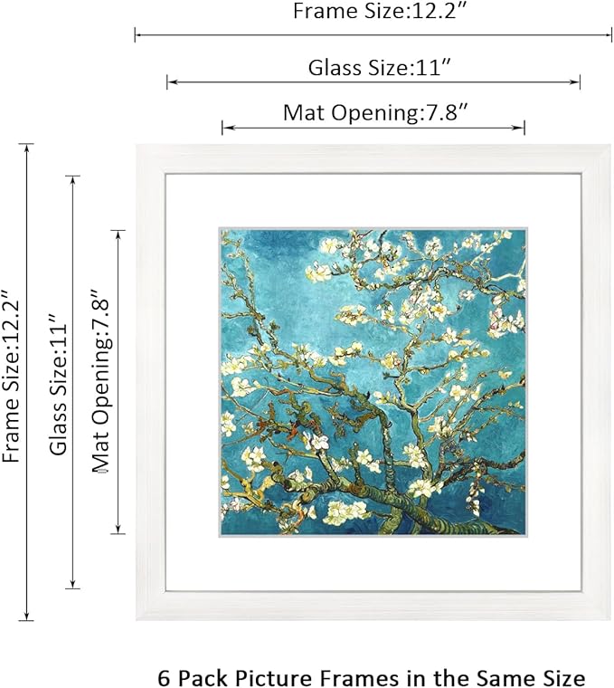 11x11 Picture Frame Set of 6 with Real Glass for Pictures 8x8 with Mat or 11x11 without Mat, Wall Gallery or Tabletop display Photo Frames in White