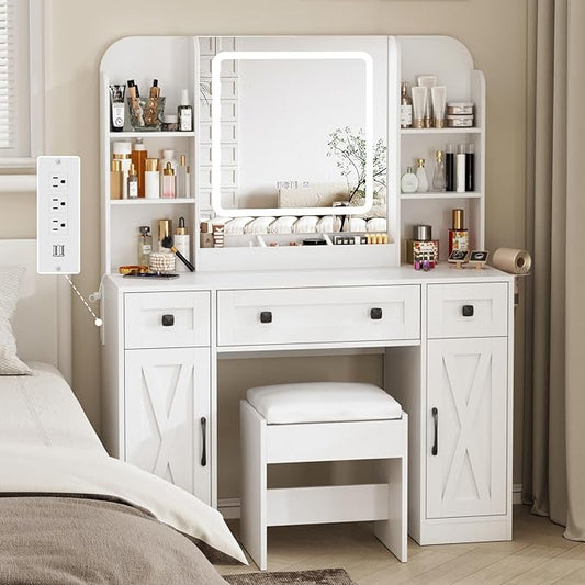 Vabches Makeup Vanity Desk, Vanity Mirror with Lights Desk and Chair,Makeup Table with 3 Large Drawers and 2 Cabinets, Time and Temperature Display, 3 LED Lighting Modes Adjustable, White
