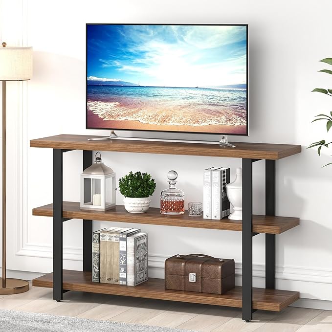 FOLUBAN Console Tables for Entryway, Modern Wood and Metal Sofa Table with Storage Shelves for Living Room, Hallway, Entrance, or Behind Couch, Rustic Walnut, 47 Inch