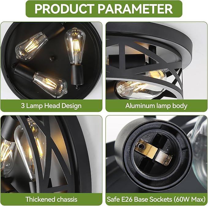 13 inch Black Flush Mount Ceiling Light Fixtures,3-Light Modern Hallway Light Fixtures Ceiling, Black Light Fixture Ceiling Mount for Farmhouse,Kitchen, Bedroom 2 Pack