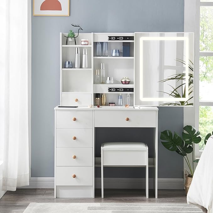 Vanity Desk with Mirror and Lights, Makeup Vanity 3 Color Modes & Adjustable Brightness, 6 Drawers Vanity Desk with Upholstered Stool with Chair