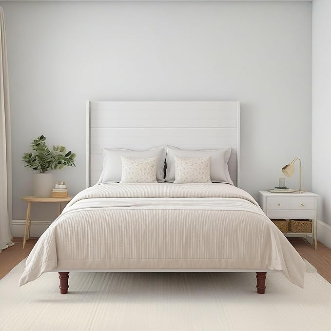 GDFStudio Tall Headboard Queen Size Bed,Platform Bed Frame with High Back,Wooden Slat Mattress Support No Box Spring Needed Easy Assembly Minimalist Designs 54" H White