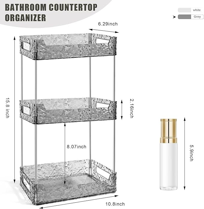 3-Tier Bathroom Counter Organizer Countertop Storage, Dresser Organizer Vanity Tray for Makeup, Perfume Organizer Cosmetics Skincare Shelf - Grey