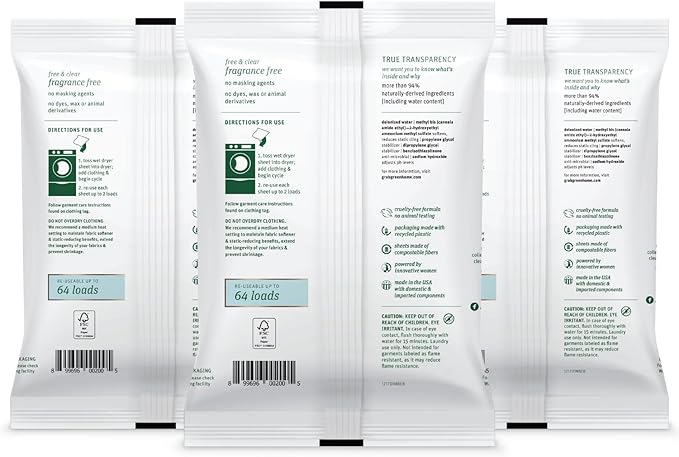 Grab Green Wet Dryer Sheets, 96 Count, Fragrance Free, Plant Based, Softens Fabrics, Reduces Static Cling and Wrinkles