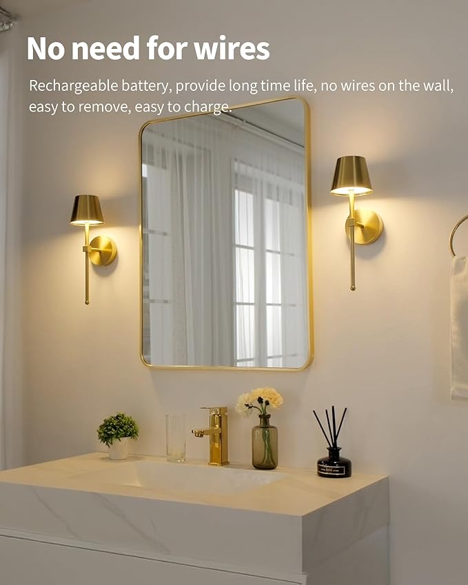 KDG Wireless Wall Sconces Set of 2, Small Cordless 5200mAh Rechargeable Battery LED Wall Lamps, Stepless Dimming Lightings for Wall Painting, Living Room, Bedroom, Hallway, Gifts, Night Light (Gold)