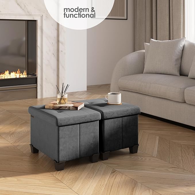 STORAGEBUD Storage Ottoman Cube with Small Bin, 16-in Square Ottoman with Storage for Living Room and Bedroom, Small Ottomans Foot Rest, Velvet Foot Stools Ottomans Max 330lbs, Grey