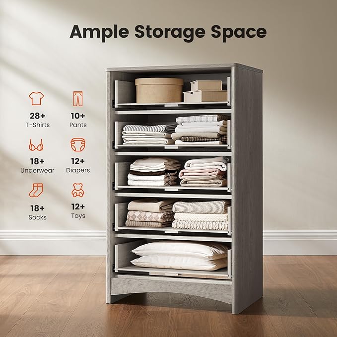 Amada Tall 5 Drawer Dresser, Modern Fluted Vertical Chest with Rounded Corners, Pre-Installed Drawer Slides & Narrow Storage Design for Bedroom or Hallway in Grey