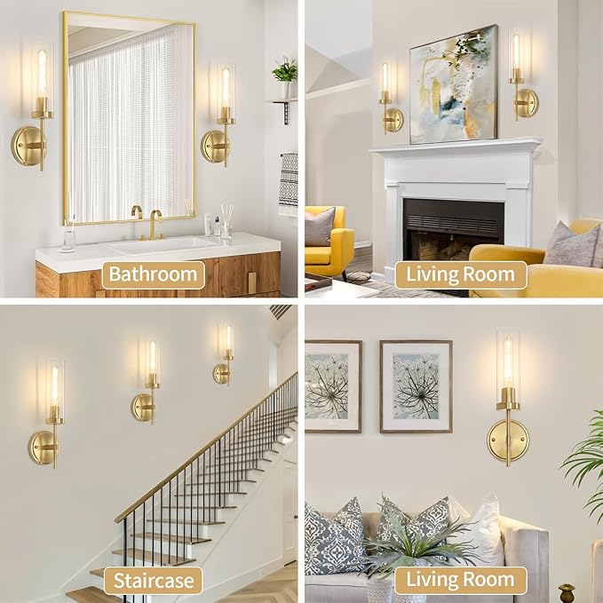 Gold Wall Sconces, Modern Bathroom Vanity Light Fixtures, Sconces Wall Decor Set of 2, Wall Lamps with Clear Glass, Indoor Wall Lights for Bedroom Living Room Hallway