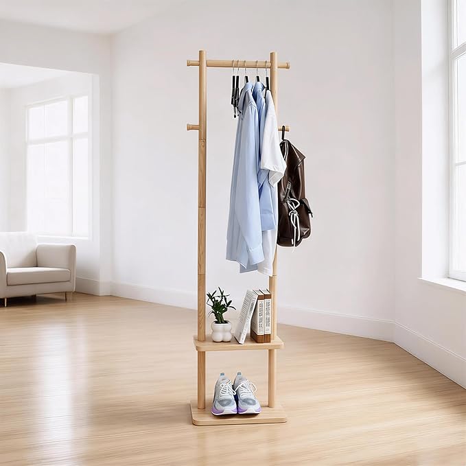 Wooden Coat Rack Freestanding,Hall Tree with Sturdy Base,Clothing Rack for Hanging Clothes,Small Clothes Rack with 3 Storage Shelves,Space Saving for Entryway, Hallway, Bedroom (Natural)