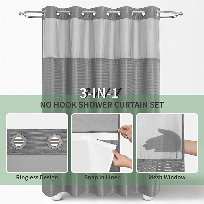 Grey No Hook Shower Curtain with Snap-in Fabric Liner Set,Waffle Weave Shower Curtains for Bathroom,Hotel Luxury Decor Bathroom Curtain Set,Waterproof & Washable,71Wx77H
