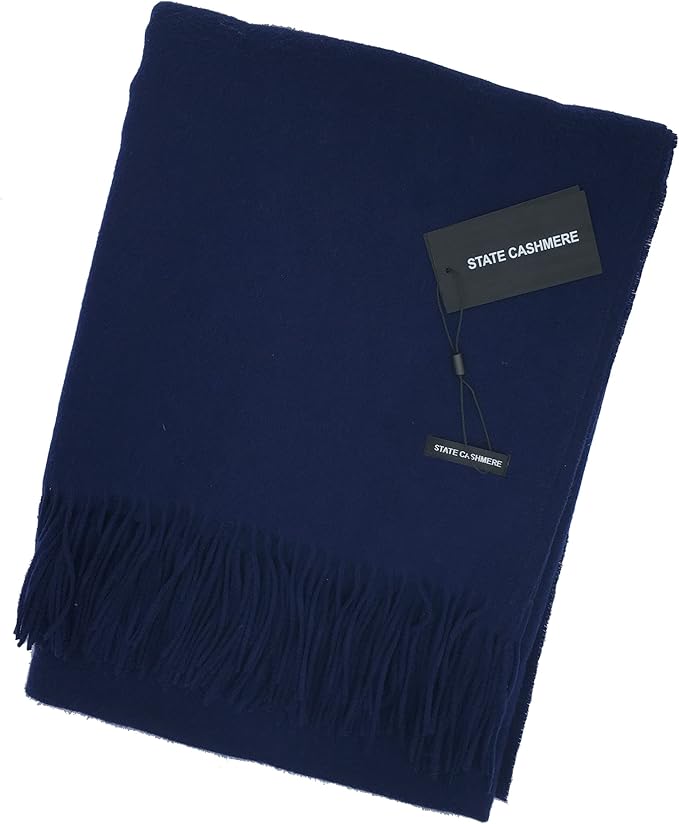 State Cashmere Home Throw Blanket with Decorative Fringe 100% Pure Cashmere Ultra Soft Accent Blanket for Couch, Sofa & Bed (Navy, 60"x50")