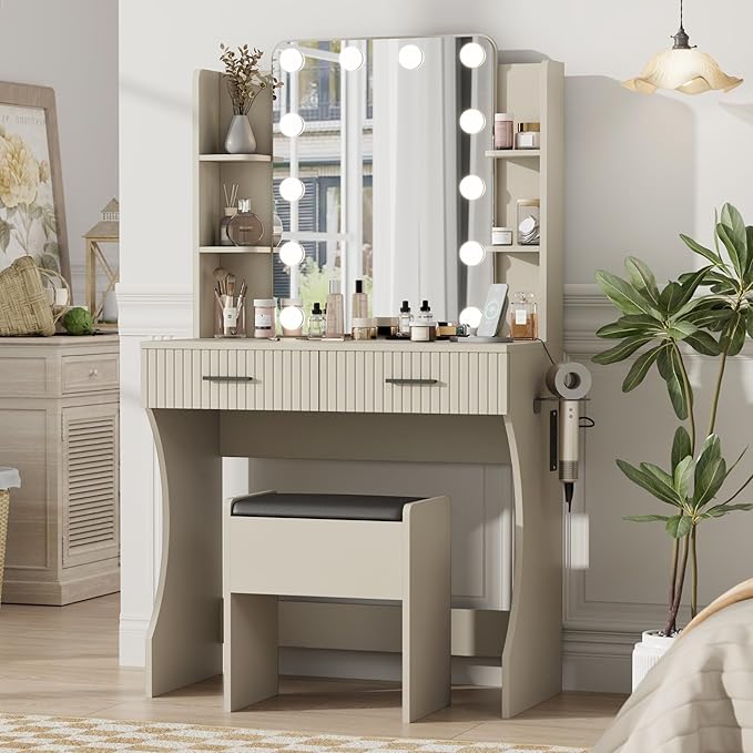 Vanity Desk with LED Lighted Mirror, Makeup Vanity with 3 Adjustable Lights, 2 Large Drawers and 4 Open Shelves, Gray Vanity with Storage Stool for Bedroom