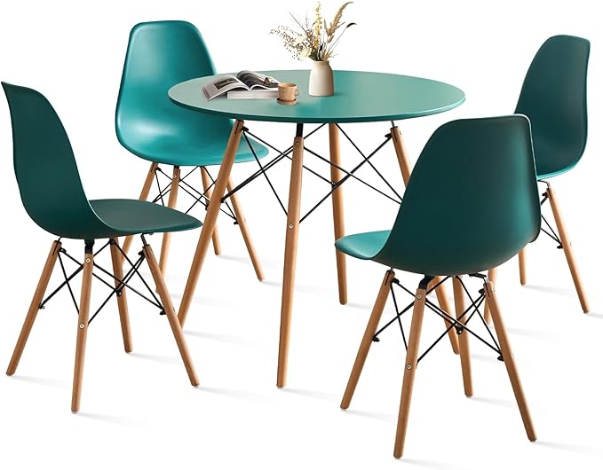 31.5'' 5 Piece Round Dining Table Set for 4, Mid-Century Modern Table with Chairs, Space Saving, Plastic Seats, Wood Legs, Circle Dinner Table for Kitchen, Home, Apartment, Green