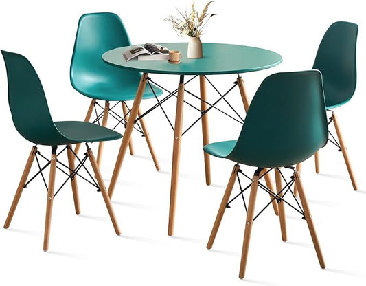 31.5'' 5 Piece Round Dining Table Set for 4, Mid-Century Modern Table with Chairs, Space Saving, Plastic Seats, Wood Legs, Circle Dinner Table for Kitchen, Home, Apartment, Green