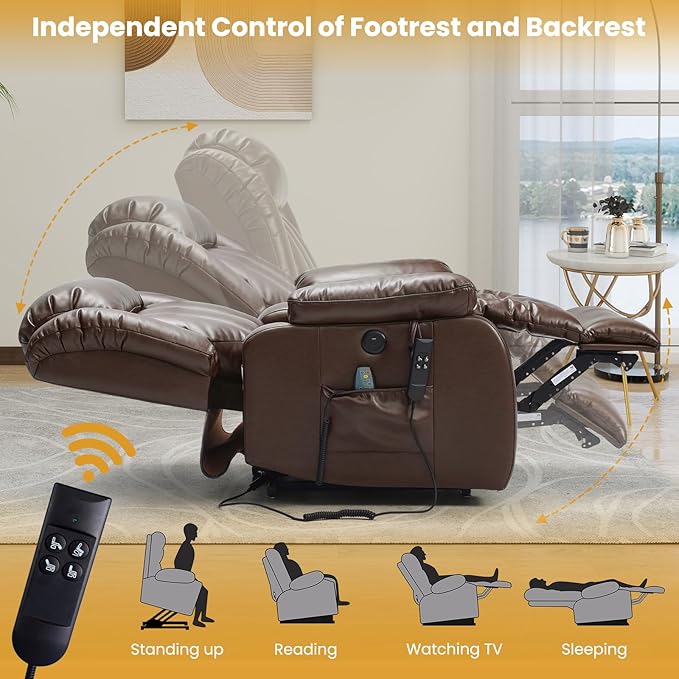 PARKOL Large Breathing Leather Infinite Position Power Lay Flat Lift Recliner Chairs for Elderly, Dual Motor with Massage and Heating,Extended Footrest,USB & Type-C Port and Remote Brown
