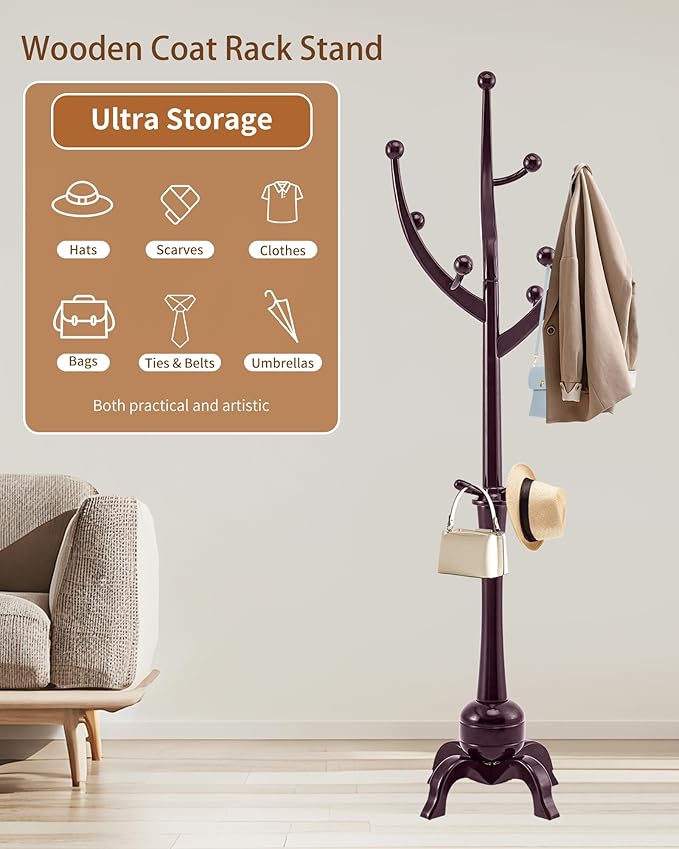 EZIVIEZ Wooden Coat Rack Stand, Solid Wood Freestanding Coat Rack with 11 Hooks, Creative Design Tree Branch-look Coat Racks, Heavy Duty Standing Coat Hanger Jacket Tree Stand for Office, Entryway