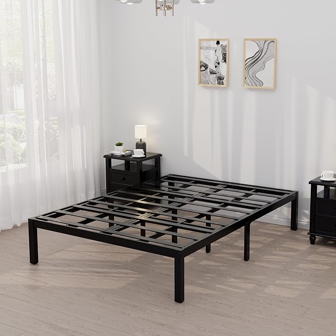 14 Inch Bamboo Bed Frame – Solid Wood Platform Bed Frame, Strong and Stable, with Non-Slip Slats for Support, No Box Spring Needed, Easy to Assemble, Noise-Free (Black, Full)