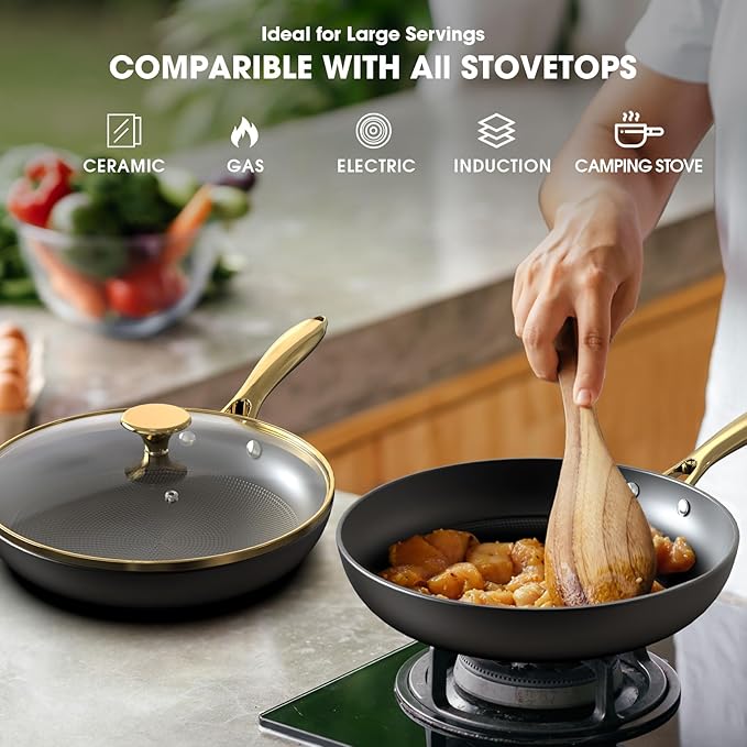 imarku Non Stick Frying Pans, Frying Pan with Lid 2Pcs - 10 Inch and 12 Inch Long Lasting Nonstick Frying Pan Cast Iron Skillets, Frying Pans Nonstick with Lid, Gift for Women and Men