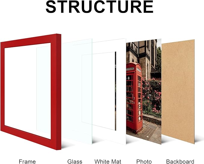 11x14 Picture Frame Set of 4, High Definition Real Glass, Display Pictures 8x10 with Mat or 11x14 Without Mat, Gallery Wall Hanging Photo Frames, Red