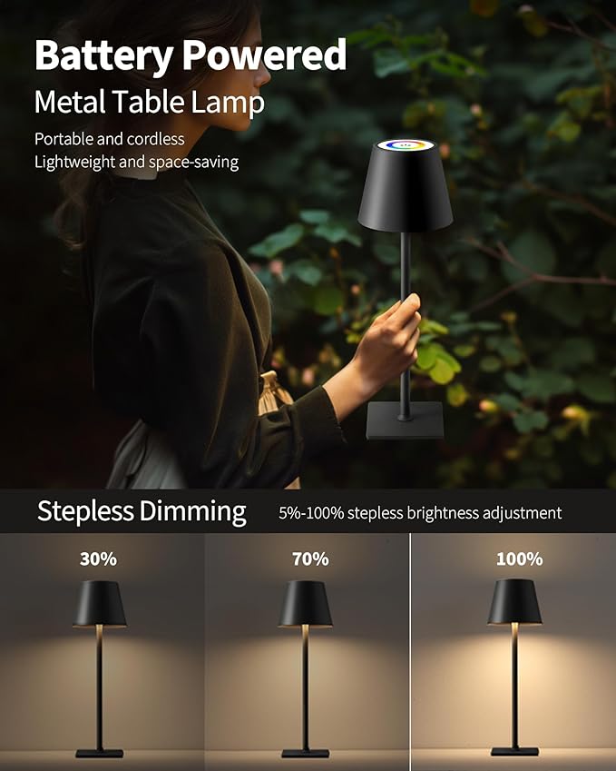 KDG 2 Pack Cordless Table Lamp, RGB Color Stepless Dimming Up, 4000mAh Battery Operated Portable LED Desk Lamp, for Dinning Room, Bedroom, Bar, Outdoor Garden, Camping, Night Light (Black)