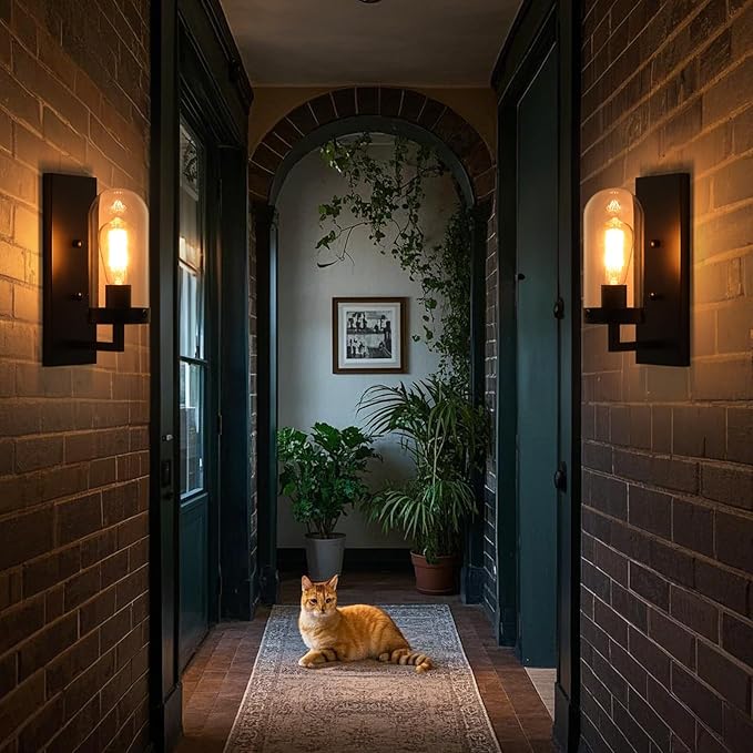 Black Wall Sconces Set of 2, Modern Farmhouse Bathroom Sconces with Clear Glass Shade, Vanity Lights for Bedroom Living Room Bathroom Hallway Stairwell