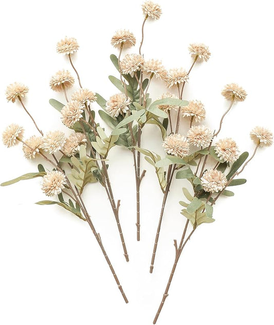 Floroom 5pcs Beige Faux Silk Mums Artificial Flowers, Bulk Fake Small Mini Chrysanthemums with Stems for DIY Champagne Wedding Centerpieces Floral Arrangements Vase Fillers Home Decorations