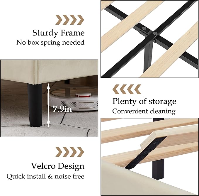 VECELO Full Bed Frame, Platform Bed Frame with Adjustable Height Upholstered Headboard, Heavy-Duty Frame and Strong Wooden Slats Support, Non-Slip and Noise-Free, Easy Assembly, Beige