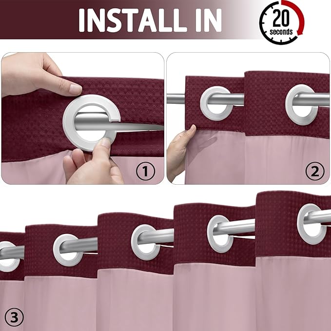 YellyHommy No Hook Shower Curtain with Snap in Liner Set Less Time Waffle Shower Curtain for Bathroom 75" L x 72" W Burgundy
