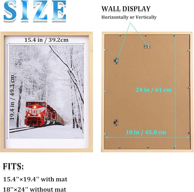 Egofine 18x24 Solid Wood Picture Frame, Made of Solid Wood Covered by Plexiglass 16x20 with Mat 18x24 without Mat, Poster Frame for Wall Mounting Photo Frame Vertically or Horizontally, Natural Wood