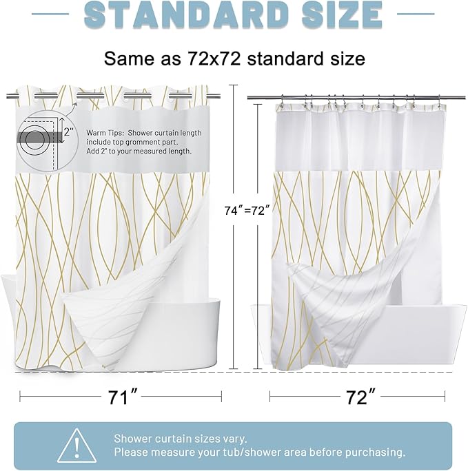 No Hook Gold White Striped Shower Curtain with Snap in Liner Set - Hotel Shower Curtain and Liner Set with See Through Mesh Top Window,Machine Washable, 71x74 INCH