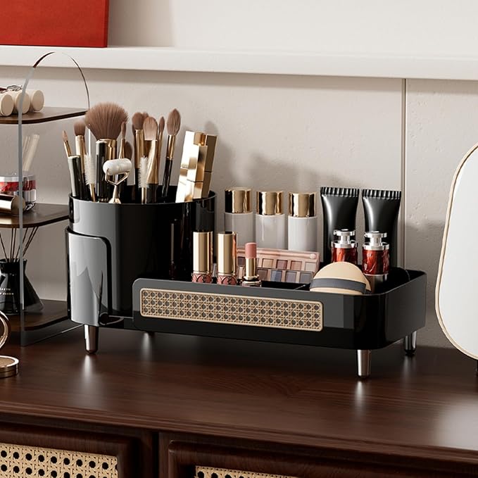 Rotating Makeup Organizer Countertop,Large Capacity Makeup Organizers for Vanity,2 in 1 makeup storage organizer for Bathrooms,Cosmetic Display Case (Black)