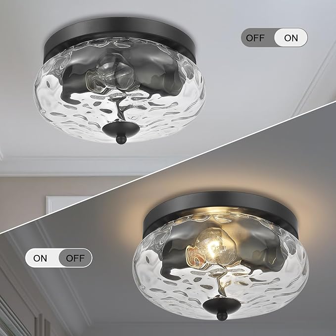 Darkaway Ceiling Light Fixtures Flush Mount Indoor Outdoor Ceiling Light with Water Ripple Glass Shade for Hallway Kitchen Bedroom Porch Living Room Black Finish