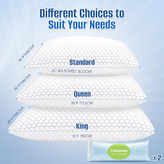 Shredded Memory Foam Pillow for Sleeping, Cooling Bed Pillows Set of 2, Adjustable Pillows for Side, Back, Stomach Sleepers with Washable Pillowcase (Standard Size)