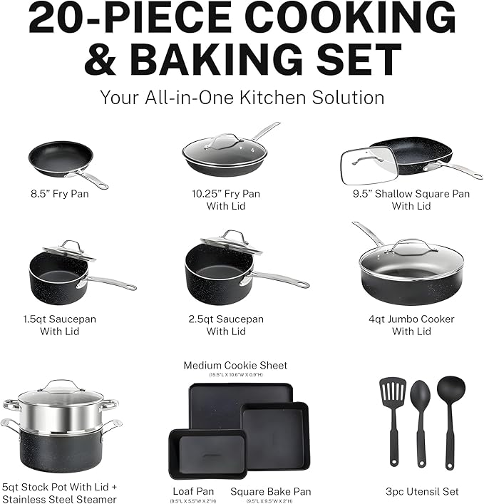 GRANITESTONE 20 Pc Complete Pots and Pans Set Non Stick Cookware Set with Deep Frying Pan Set, Bakeware, Steamer, Cooking Utensils, Non Toxic PFOA PFOS Free, Oven and Dishwasher Safe