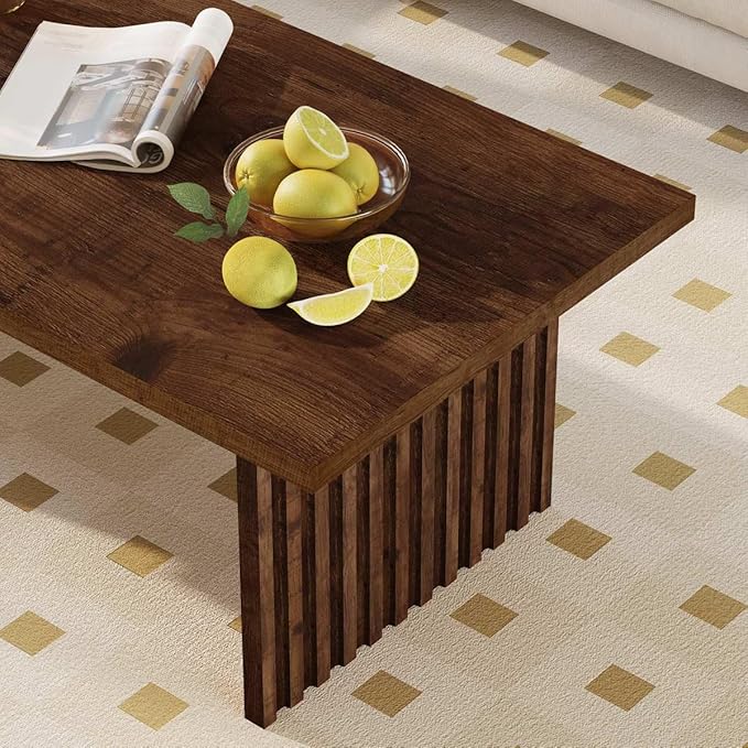 BON AUGURE Coffee Table for Living Room, Farmhouse Wood Center Table, Rectangle Mid-Century Living Room Tables, Unique Fluted Panel Coffee Tables (Rustic Oak, 43Inch)