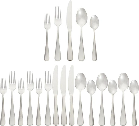Amazon Basics Silverware Set, Stainless Steel Flatware, Dishwasher Safe, Service for 4, 20-Piece Forks and Spoons, Round Edge