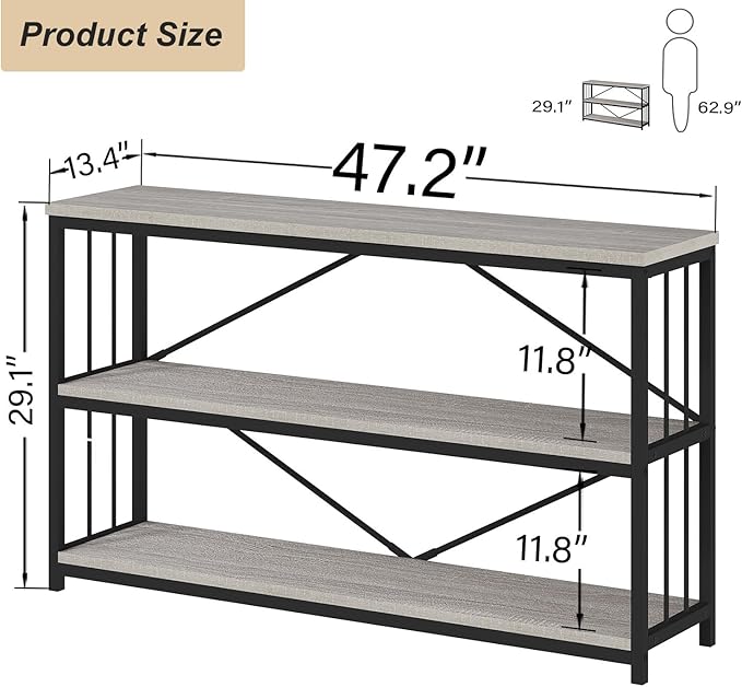 HSH Horizontal Bookshelf, Industrial Metal Wood Low Bookcase, Open 3 Tier Small Bookshelves with Storage for Living Room, Farmhouse Short Etagere Book Shelf for Office Bedroom, Light Grey Oak, 47 Inch